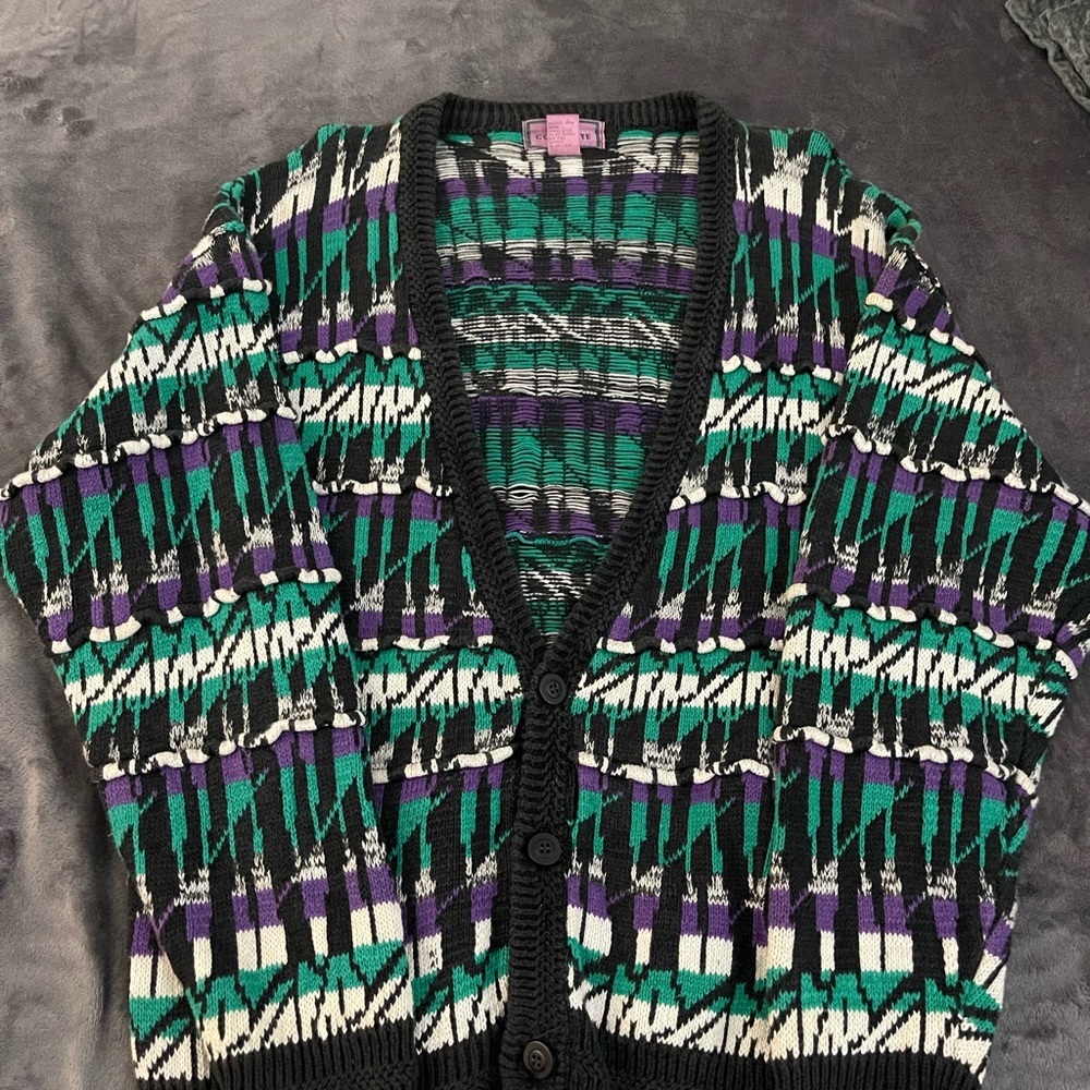 Vibrant Geometric Cardigan Sweater - Black, Green, Purple
